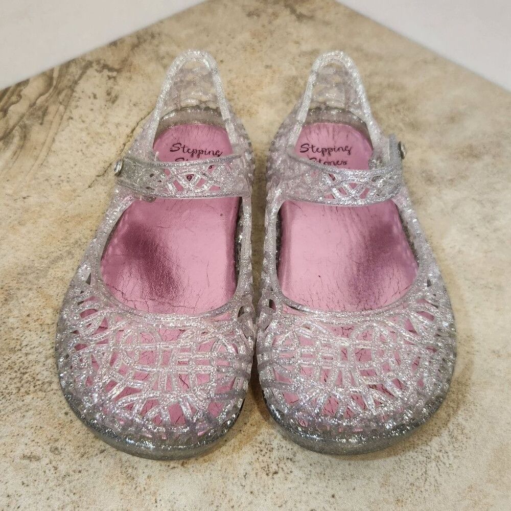 Stepping Stones Girls US 9 Silver Glitter Mary Jane Jelly Sandals Round Toe